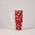 Christmas pattern stainless steel vacuum tumbler with handle, lid, and straw, 1200ml capacity