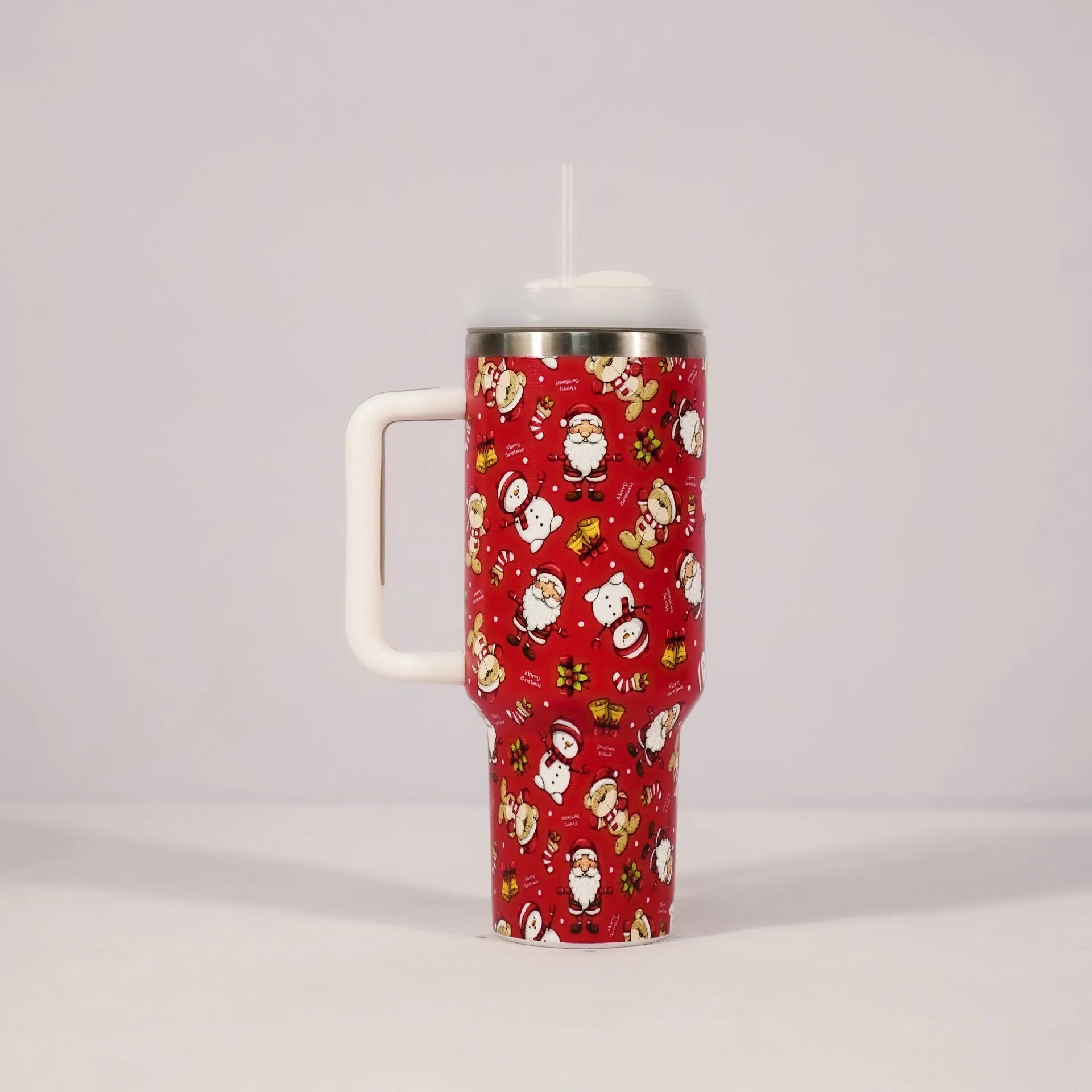 Christmas pattern stainless steel vacuum tumbler with handle, lid, and straw, 1200ml capacity