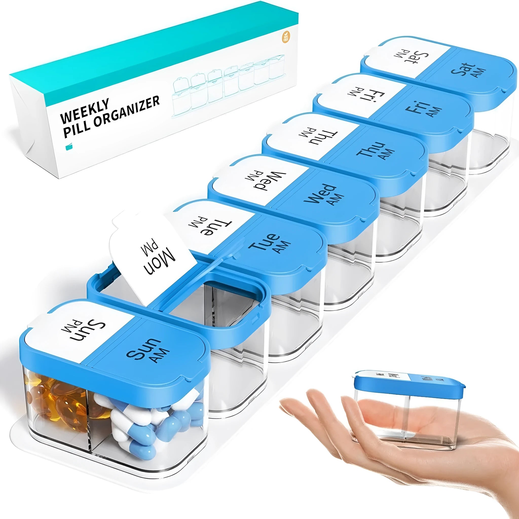 White and rainbow coloured plastic pill organiser with 14 removable compartments, shown with lid open.