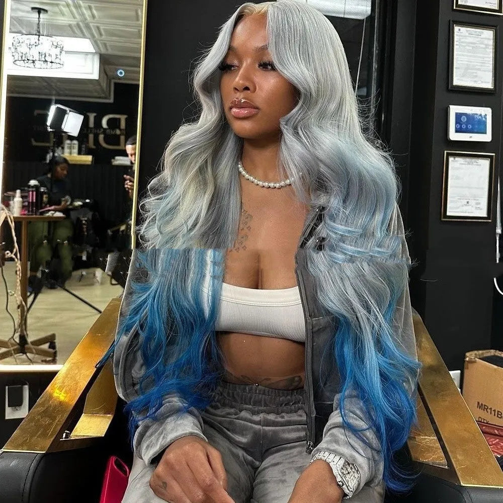 Grey blue gradient lace front wig with 4x4 construction and length options
