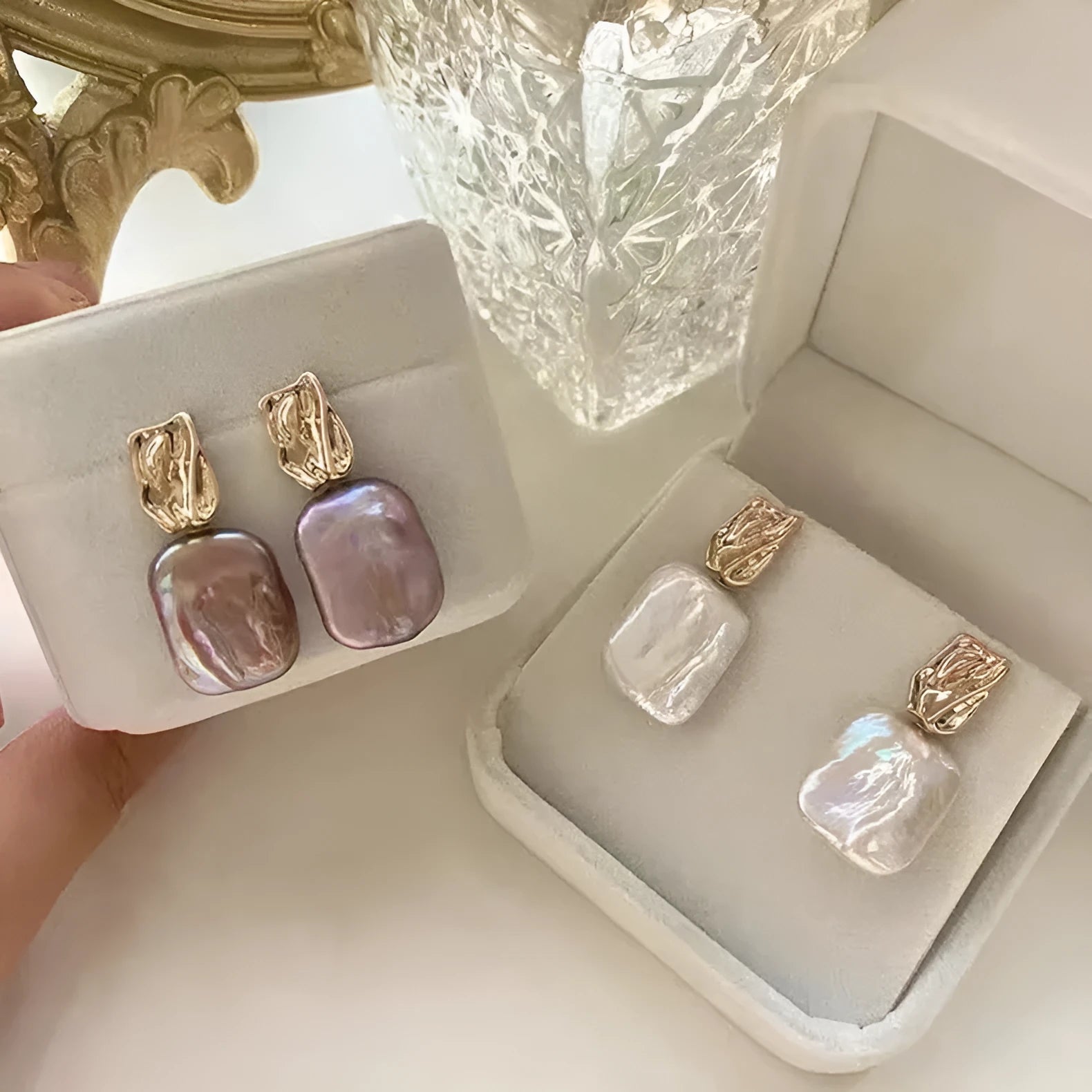 Natural freshwater pearl square stud earrings retro geometric design alloy setting purple white pink yellow women earrings