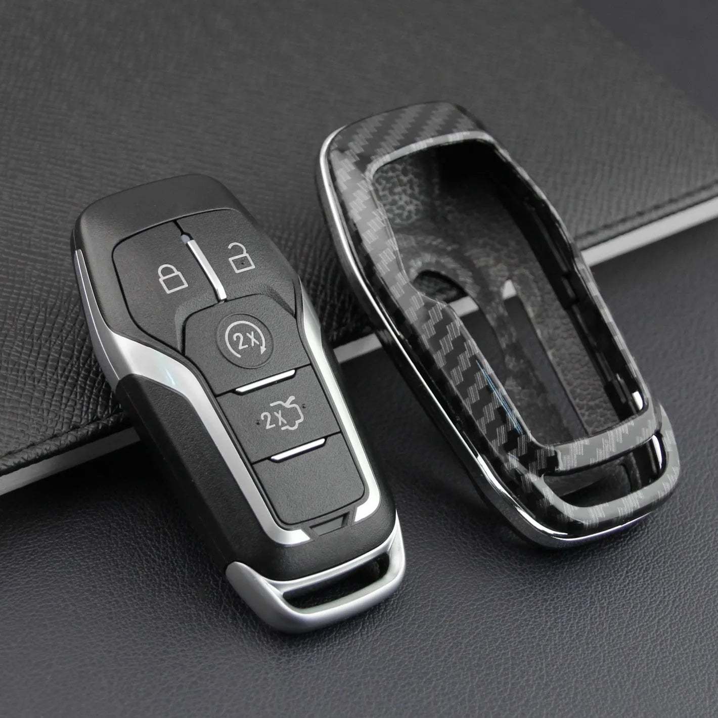 Plastic remote control protective shell with a buckle fastener for a car key.