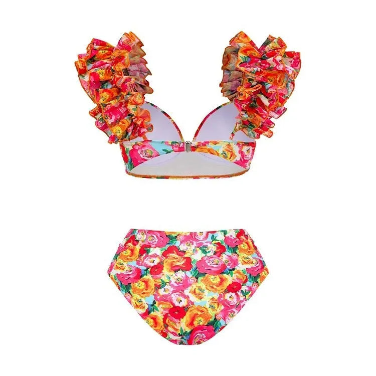 Women's push up bikini high waist split swimsuit with floral pattern in quick-dry nylon and polyester, sizes S-XL
