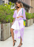 Light purple women's lace embroidery beach cover-up dress for swimming.