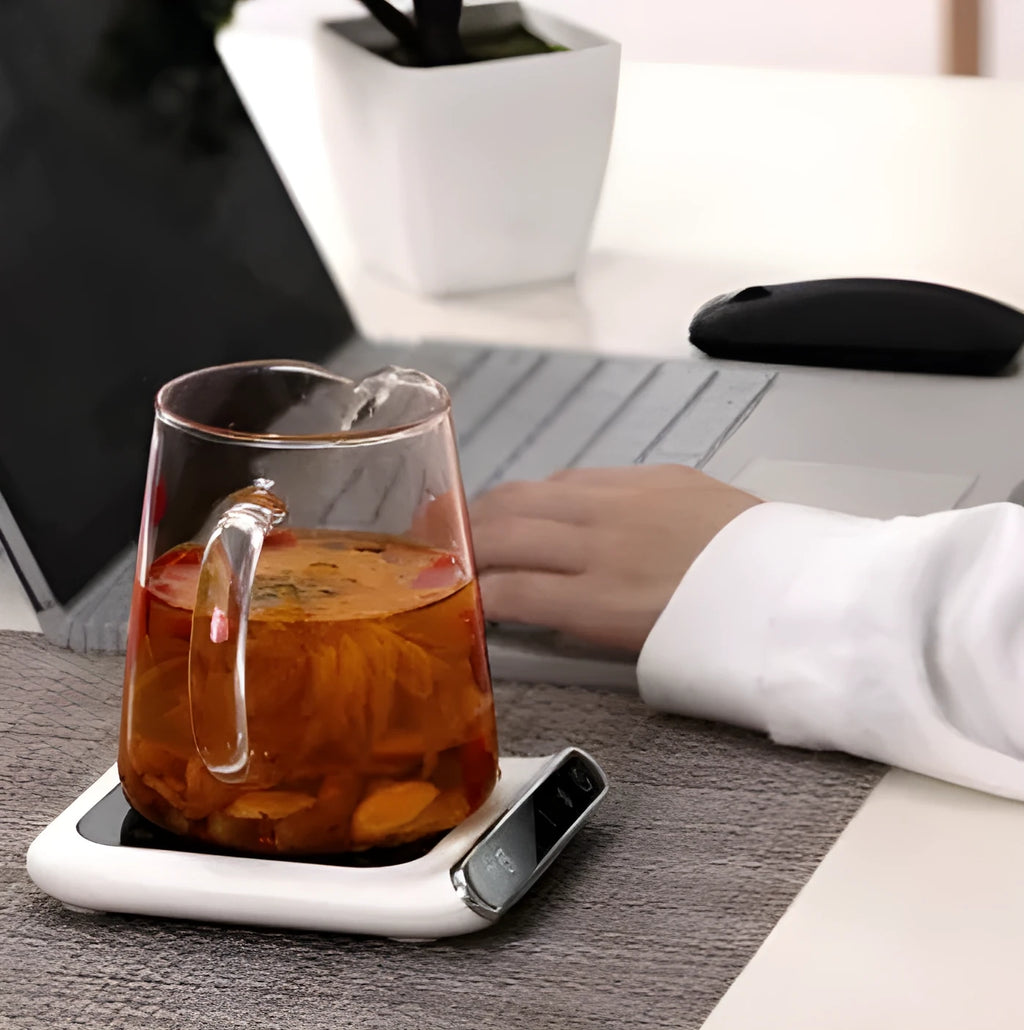 Black USB mini cup warmer with three-speed constant temperature controls on a desk, 118x132mm size