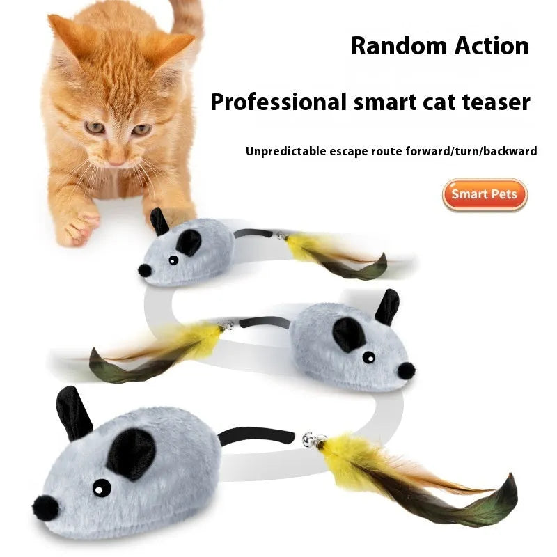 Intelligent charging simulation electric little mouse cat teaser toy in gray with double tail decoration on a light surface