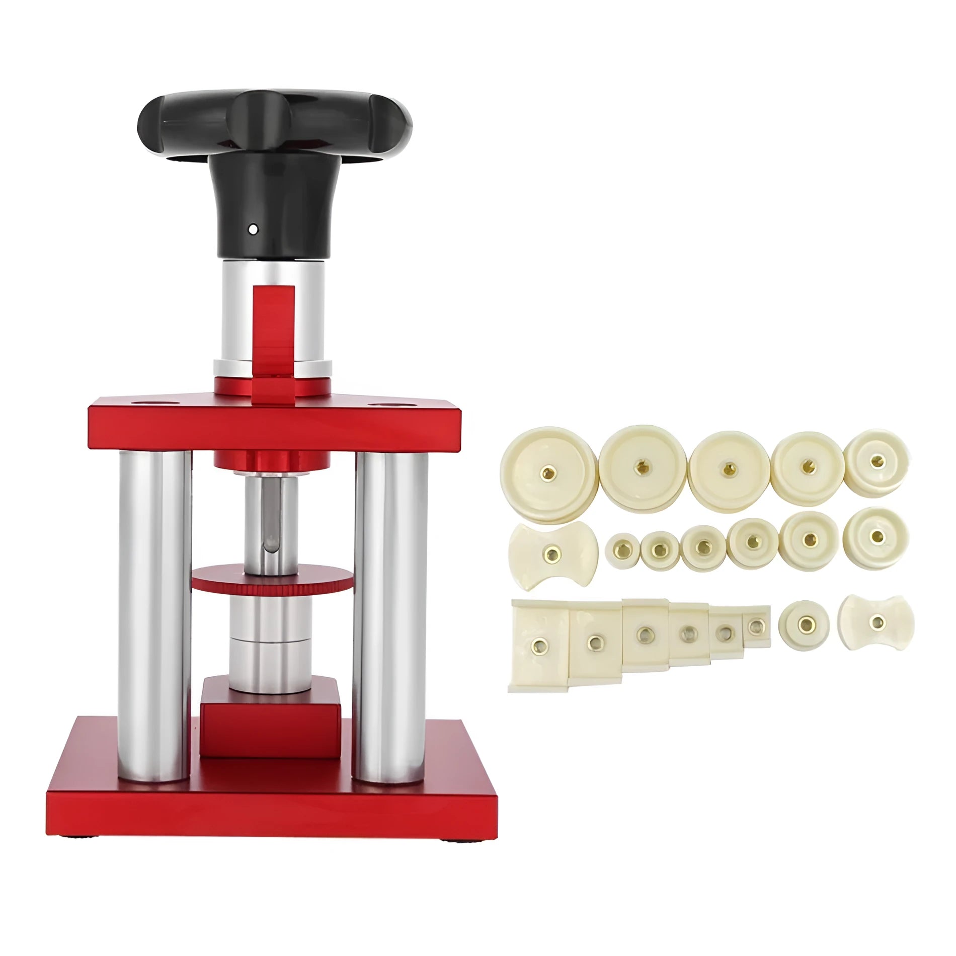 Watch repair spiral cap presser tool with 20 plastic moulds for back cover pressing