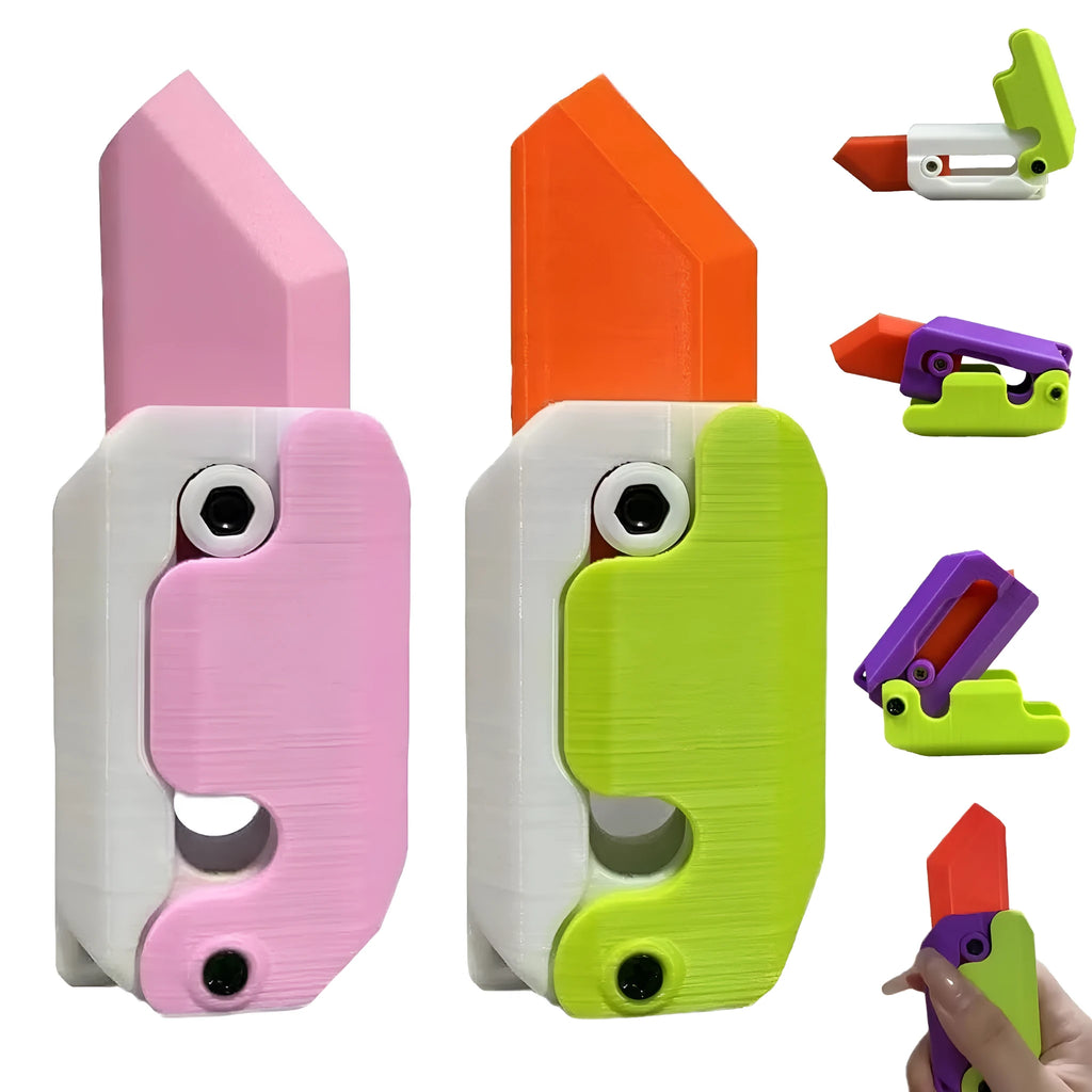 3D printed gravity carrot fidget knife in orange, purple and green colour on white background