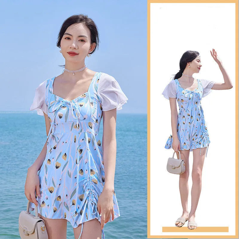 Women's one-piece swimsuit in Sea Salt Blue with flower pattern polyester fabric