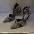 Women's hollow high heels with pointed toe and stiletto heel in black or silver colours
