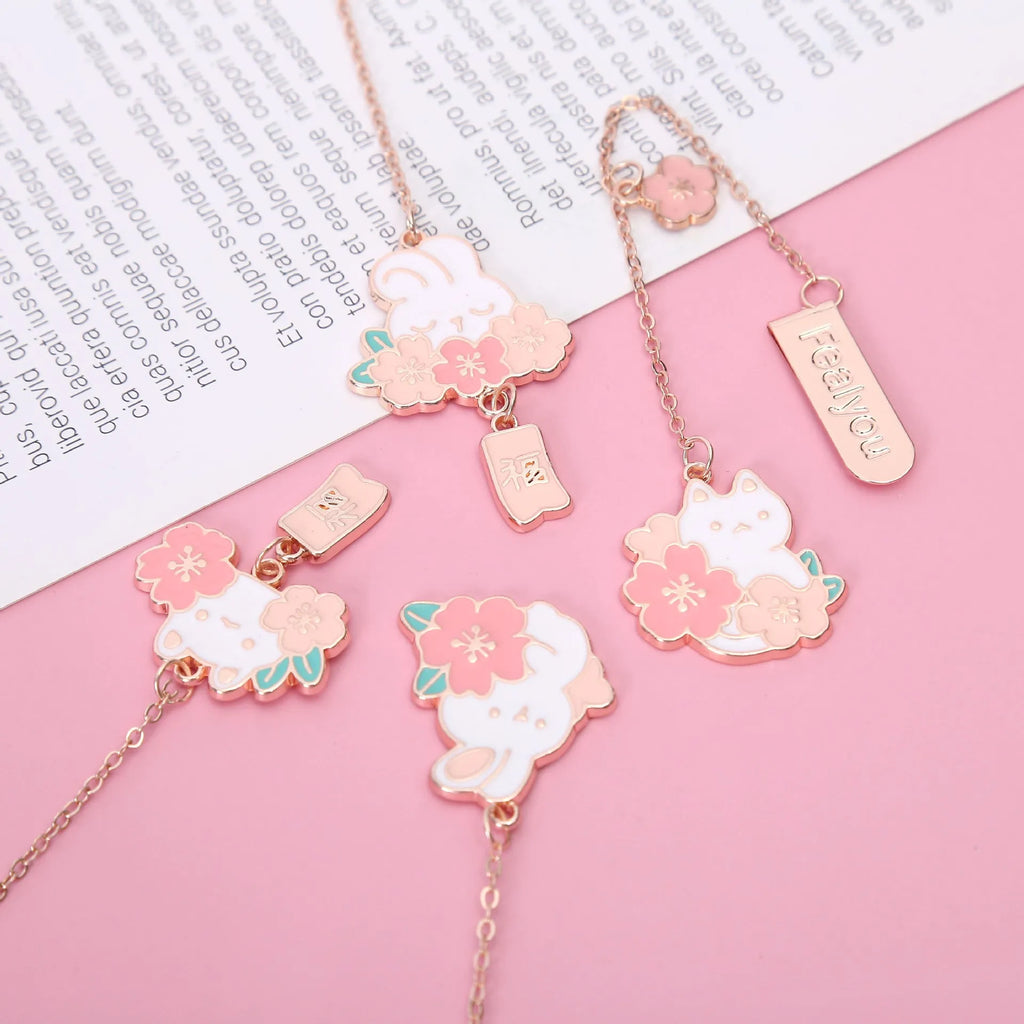 Creative cartoon metal pendant bookmark featuring cherry blossom cat or rabbit design, student book holder