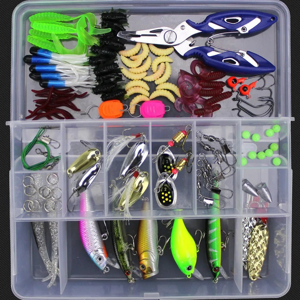Fishing lure suit set showing soft plastic baits and Lei frog lures organised in PP tackle box