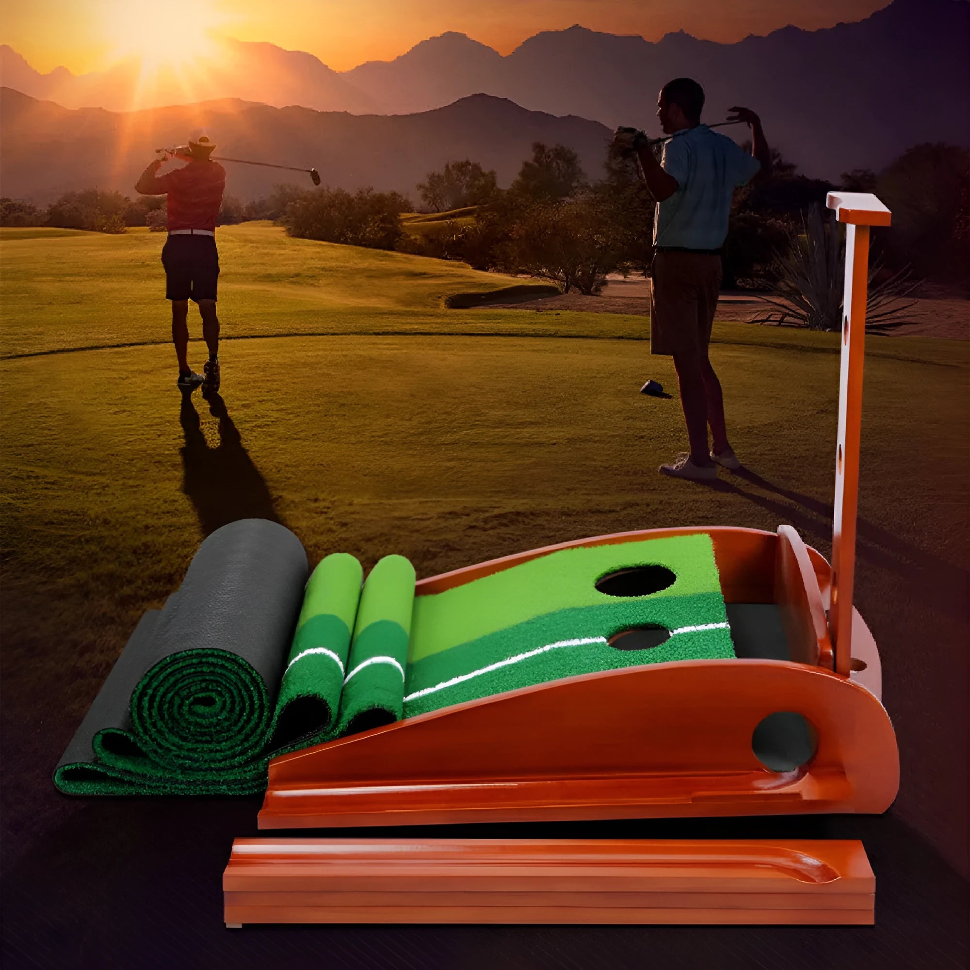 Indoor golf putter practice mat with solid wood base and automatic ball return in 3 metre length