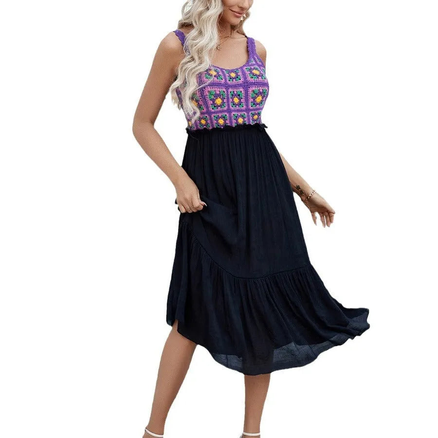Purple sleeveless dress with hand hook flower stitching, cotton blend fabric with polyester lining