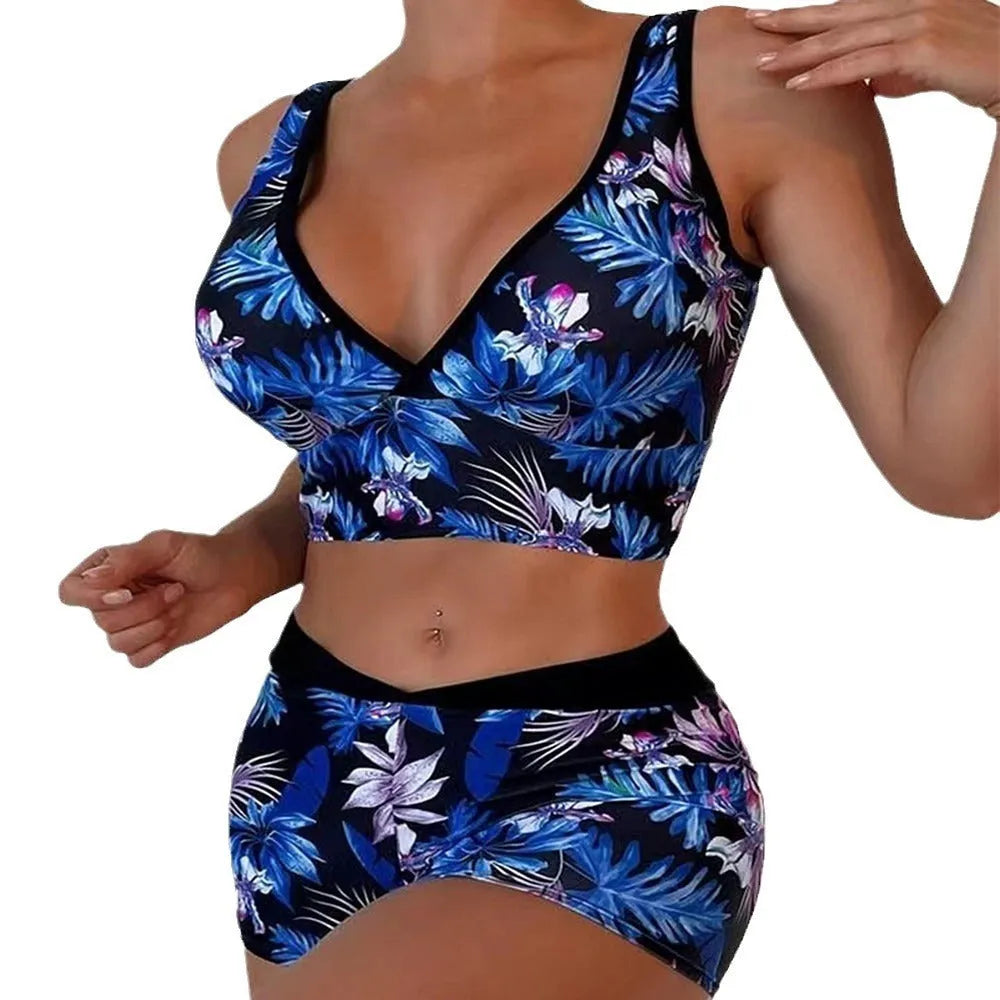 Women's two-piece swimsuit set with sleeveless top and printed boxer shorts in multiple colours.