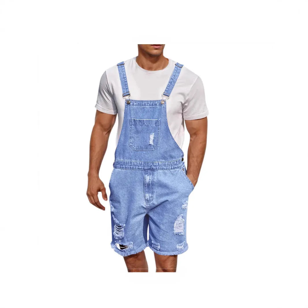 Ripped Leisure men's denim suspender shorts jeans in dark blue, mid-waist straight leg cotton casual wear