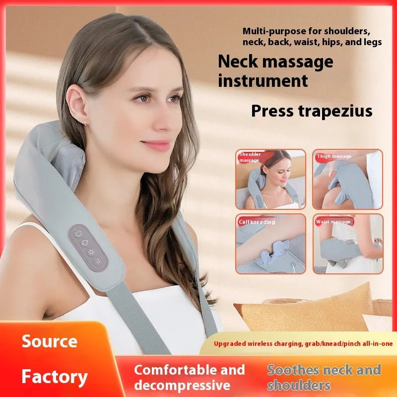 Gray multifunctional neck back waist massager with elastic fabric and infrared physiotherapy features