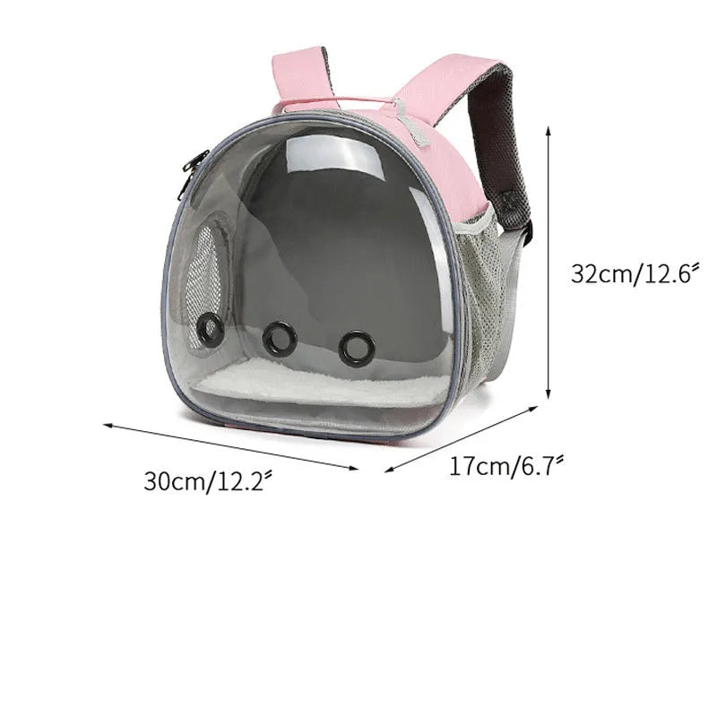 Transparent pet backpack carrier with bubble window for small animals like hamsters and guinea pigs, black colour