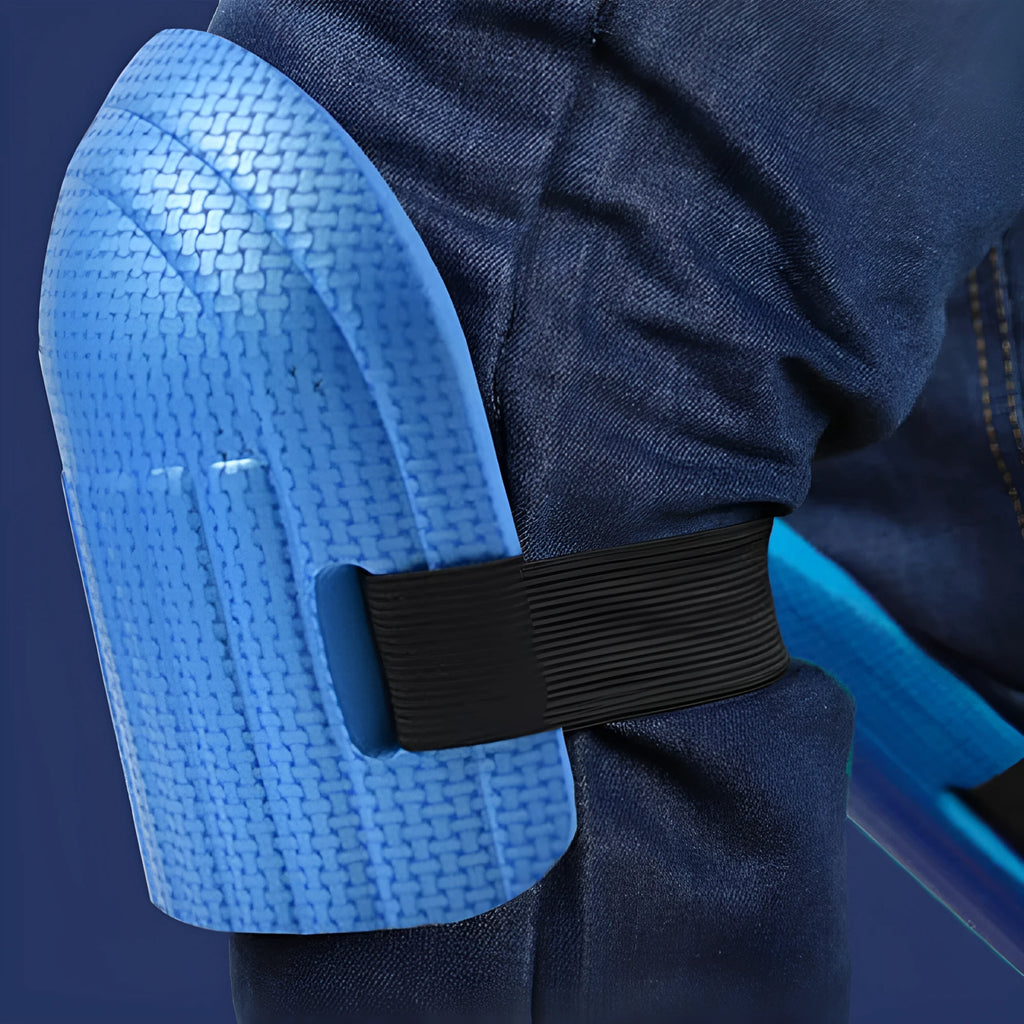 EVA foam kneepad pair showing approximately 11mm thickness, available in black, blue, green, or pink colours