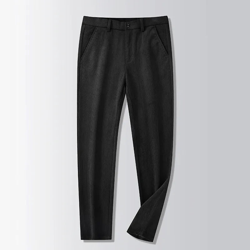British retro style straight-leg striped trousers in a neutral colour on a hanger.