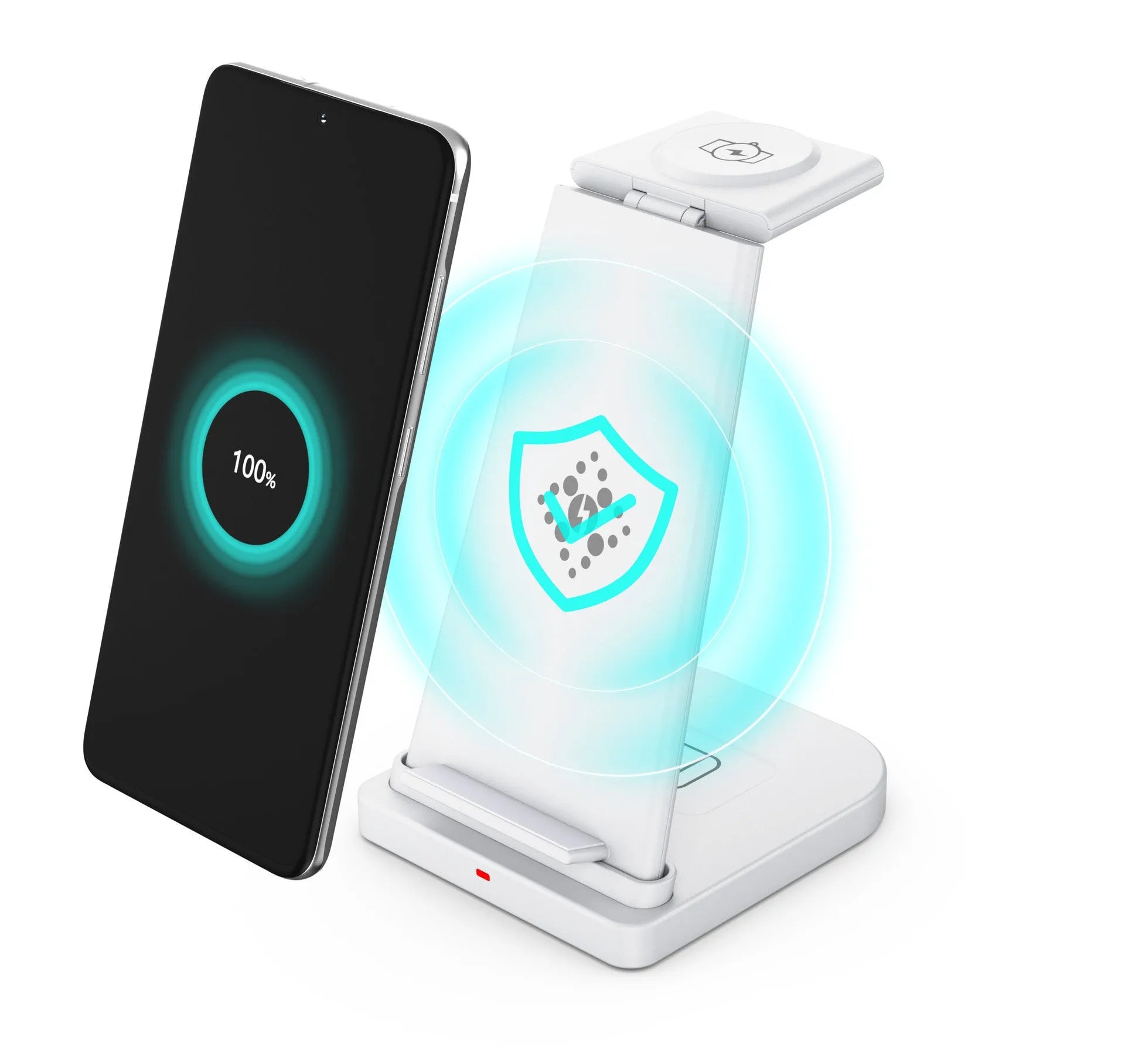 Three-in-one wireless charger for Samsung phone and watch in black with removable charging board and foldable watch stand on a table