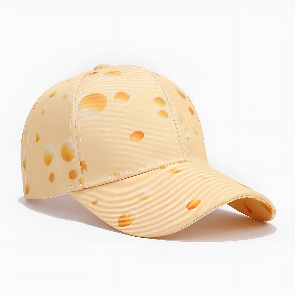 Full printed cheese pattern polyester peaked cap with adjustable size and dome crown