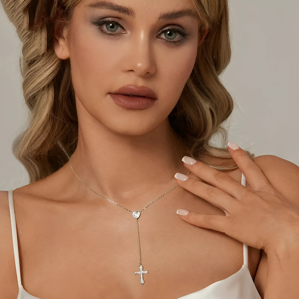 Silver cross necklace with V-neck pendant on an O-ring chain for women