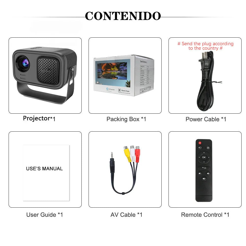 Black HD portable projector with remote control on home office desk