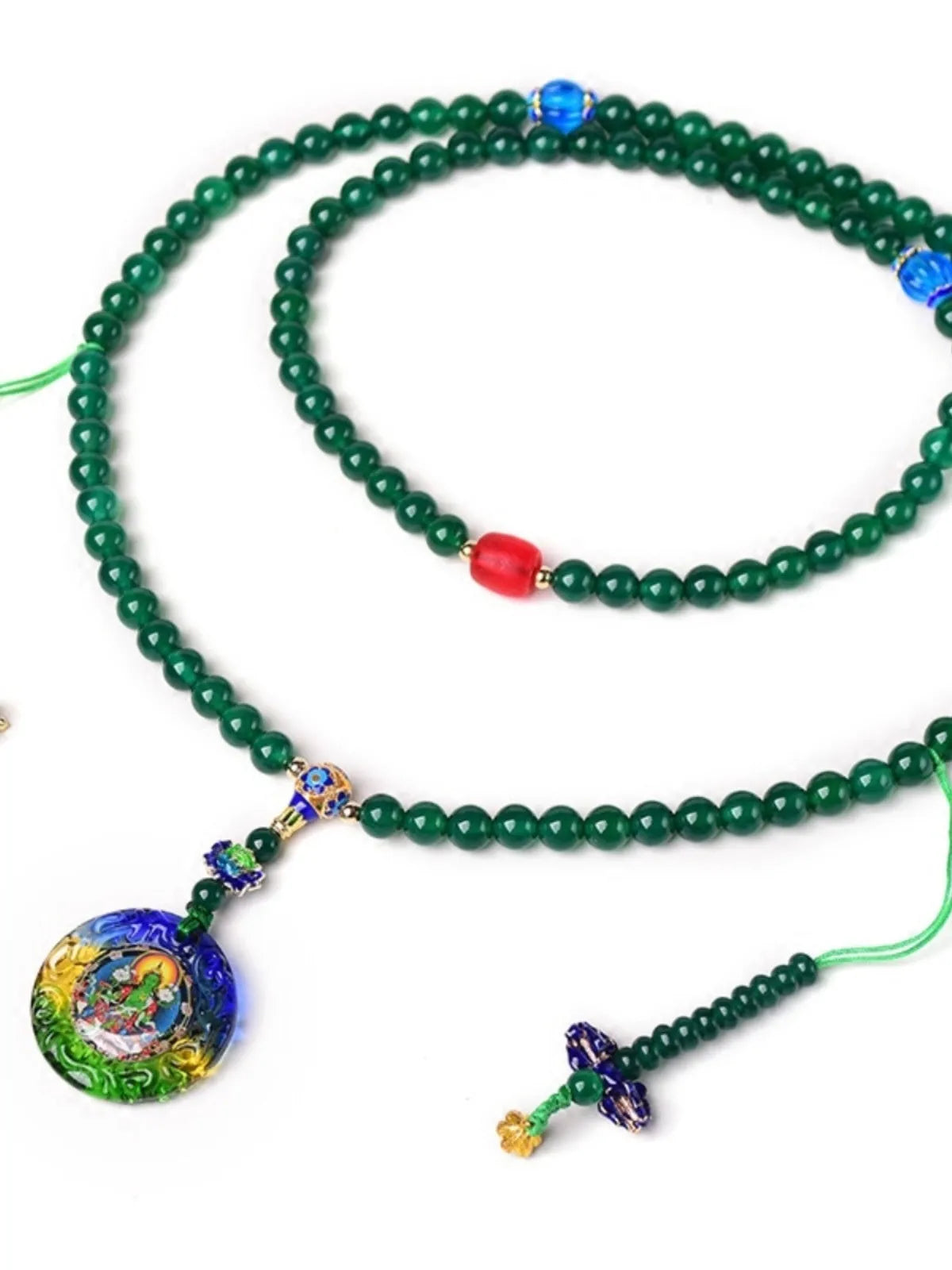 Natural green agate 108 Thangka pendant multi-circle bracelet on display