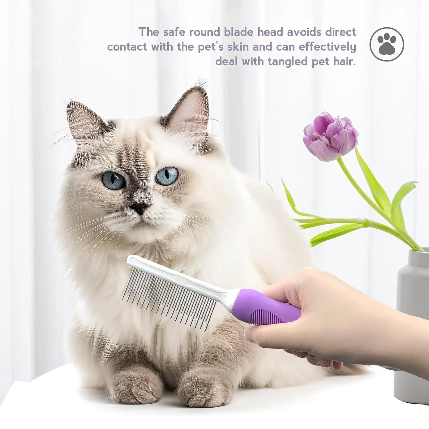 Purple pet grooming comb with stainless steel teeth for detangling cat and dog fur