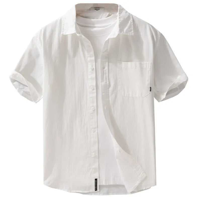 Men's cotton short sleeve cardigan shirt in white loose fit for summer