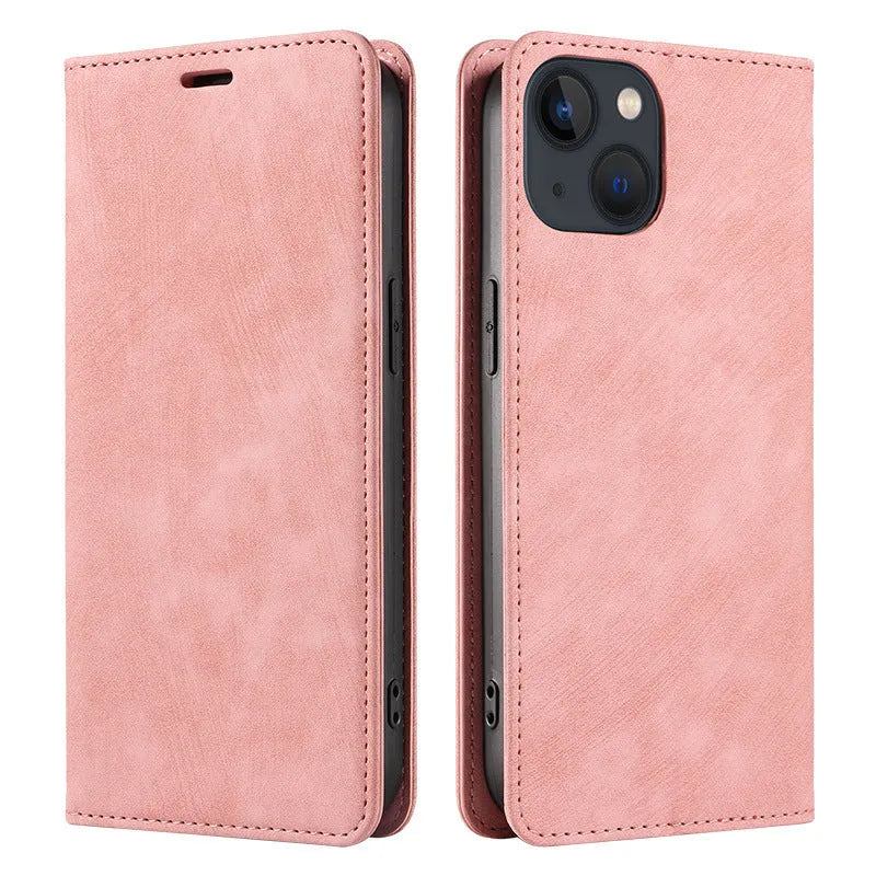 Magnetic flip phone case for iPhone in genuine leather and TPU, showing black, brown, and blue colour options.