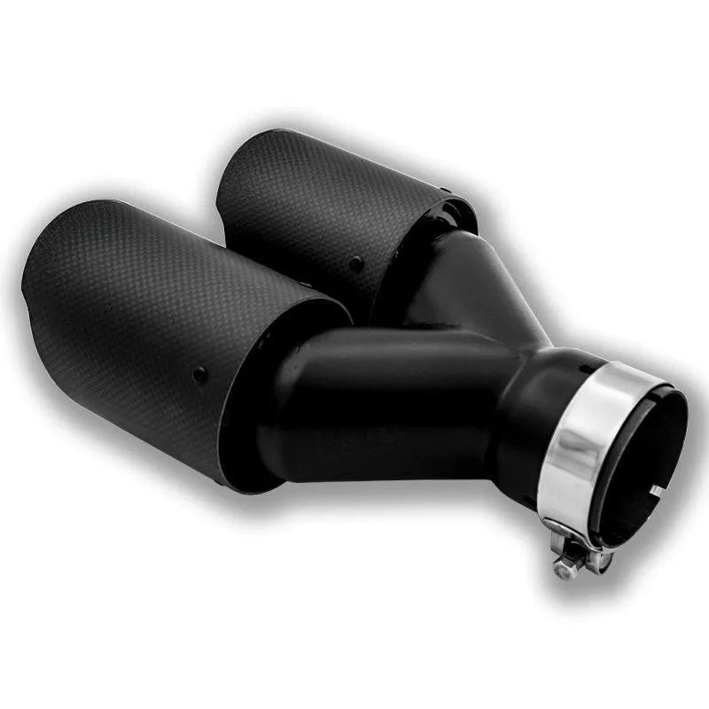 Black carbon fibre car exhaust pipe with double outlet design showing 250mm measurement