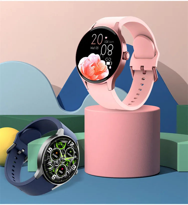 Smart Bluetooth sport watch with circular touchscreen display in black stainless steel case