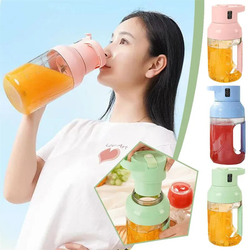 Portable electric juicer 1500ml USB rechargeable in pink with double handles and steel blades