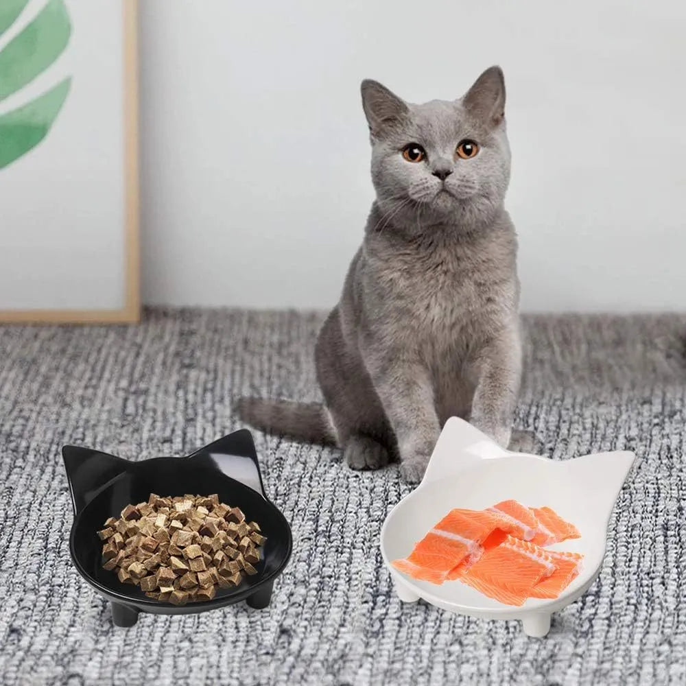 White shallow cat bowl with rubber anti-skid base for whisker fatigue relief