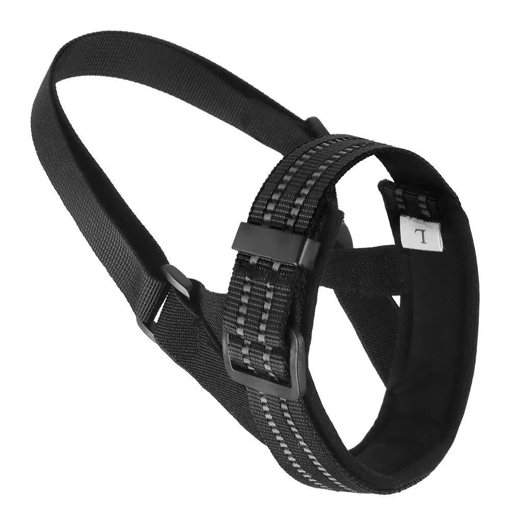 Adjustable reflective anti-biting dog muzzle for medium large dogs in black on a white background