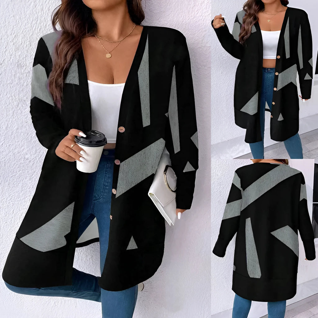 Black plus size cardigan coat with button stitching details and loose casual fit
