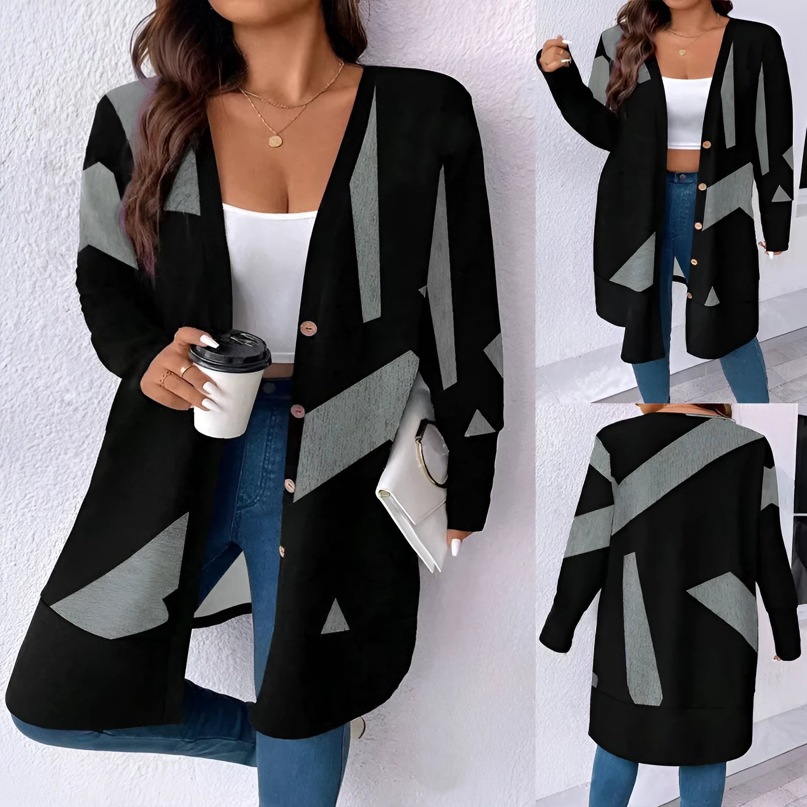 Black plus size cardigan coat with button stitching details and loose casual fit