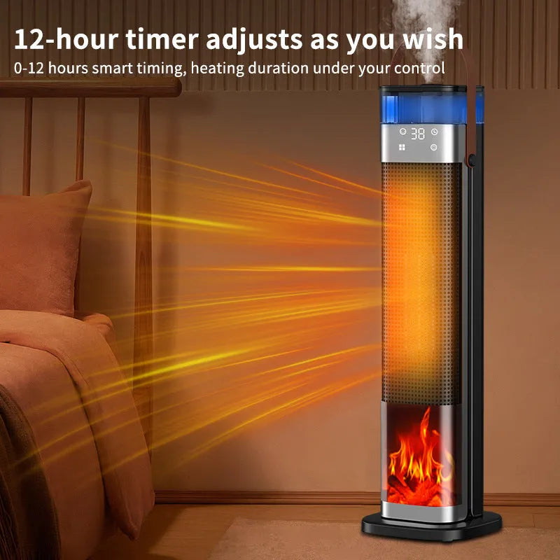 Vertical ceramic heater with humidifier and remote control on a floor