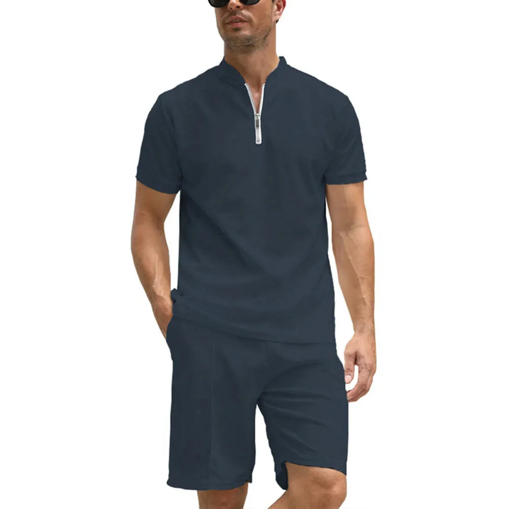 Men's solid colour polo shirt suit two-piece set in beaded bird's eye fabric with Asian sizing options
