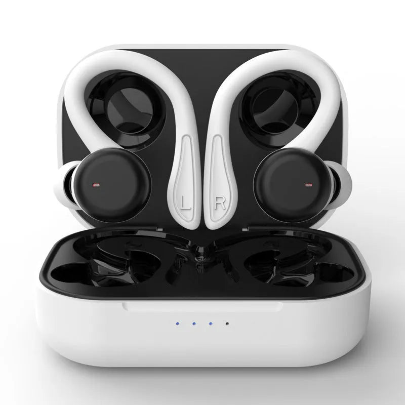 Black wireless sports earphones with removable ear hooks showing charging case and multiple earbud sizes