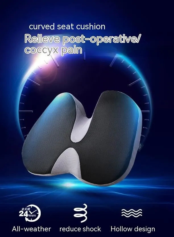 Curved bevel seat cushion with memory foam core for tailbone support during driving