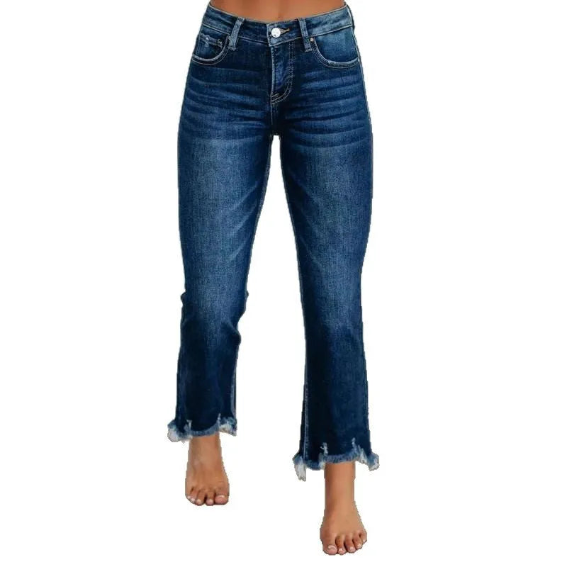 Women's solid colour cotton denim jeans with manual distressing in dark blue and light blue options