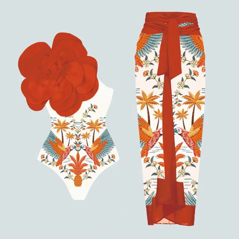 Women's polyester one-piece swimsuit with floral print in white background red flower design