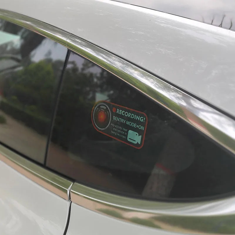 Pair of electrostatic PVC sentry mode warning stickers for Tesla, 11x5cm, English version