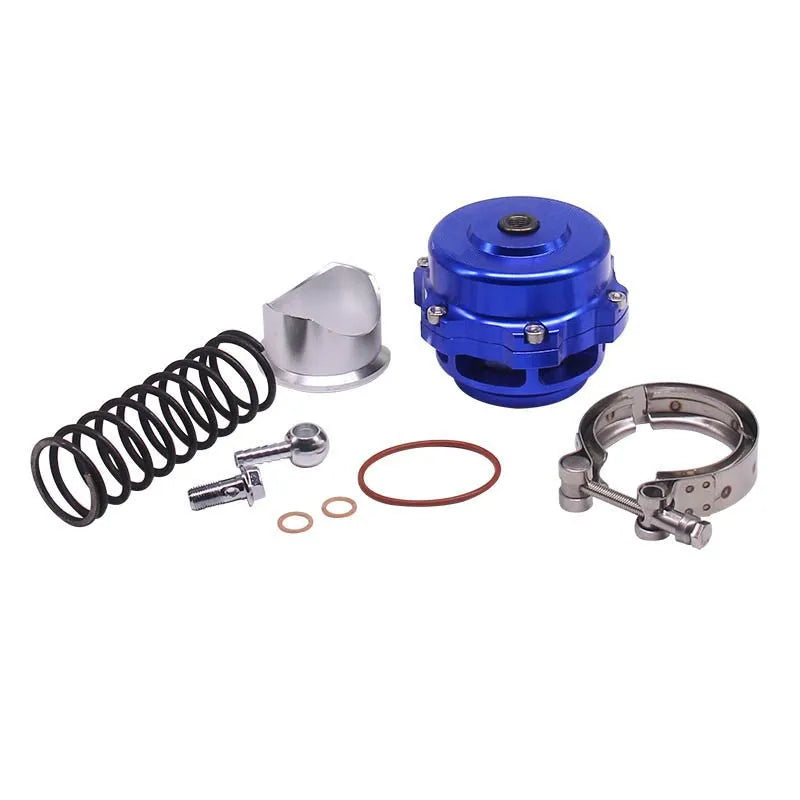Universal aluminium alloy blow-off valve for turbo protection, 50mm, shown in multiple colours.