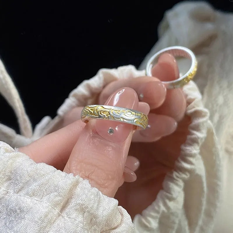 Xiangyun pattern open mouth ring with electroplated silver gold finish showing geometric fairy-style design