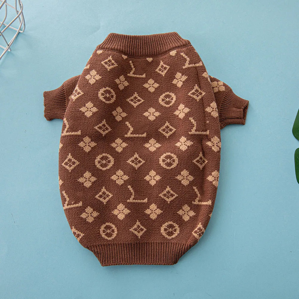 Wool knit dog sweater in winter colours showing thick knit construction and full-body coverage design