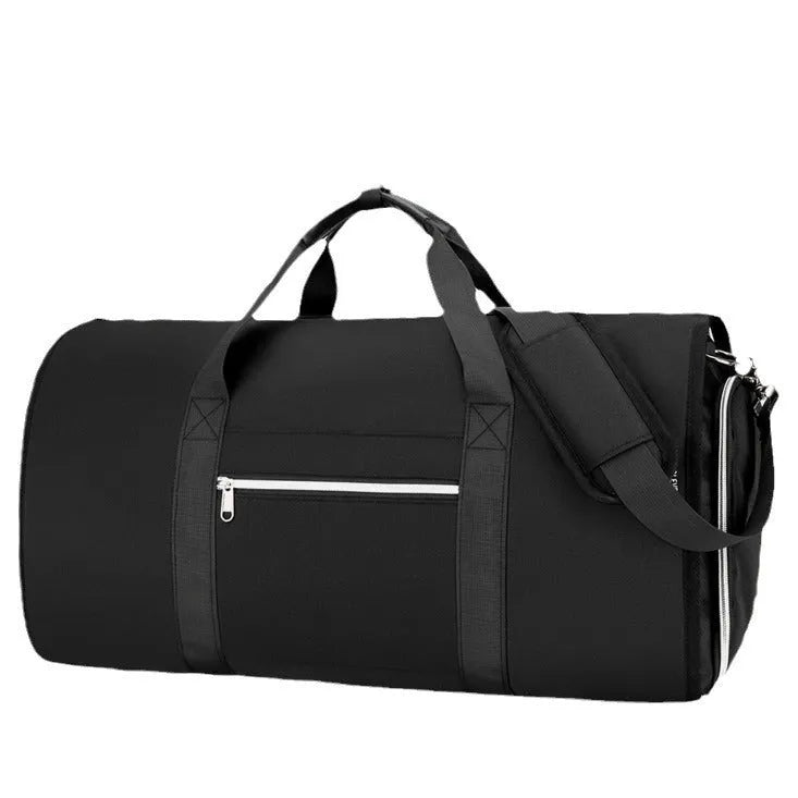 Expandable Oxford cloth storage bag in grey, shown with dry-wet separation compartment.